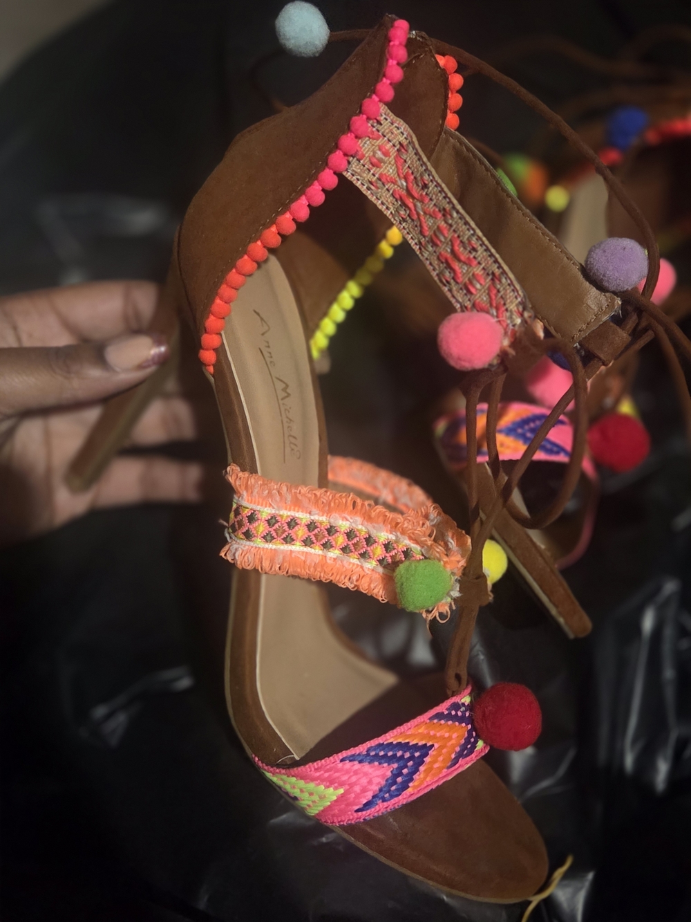 Women’s Brown Pom-Pom Embellished Heels - Multicolor Accents